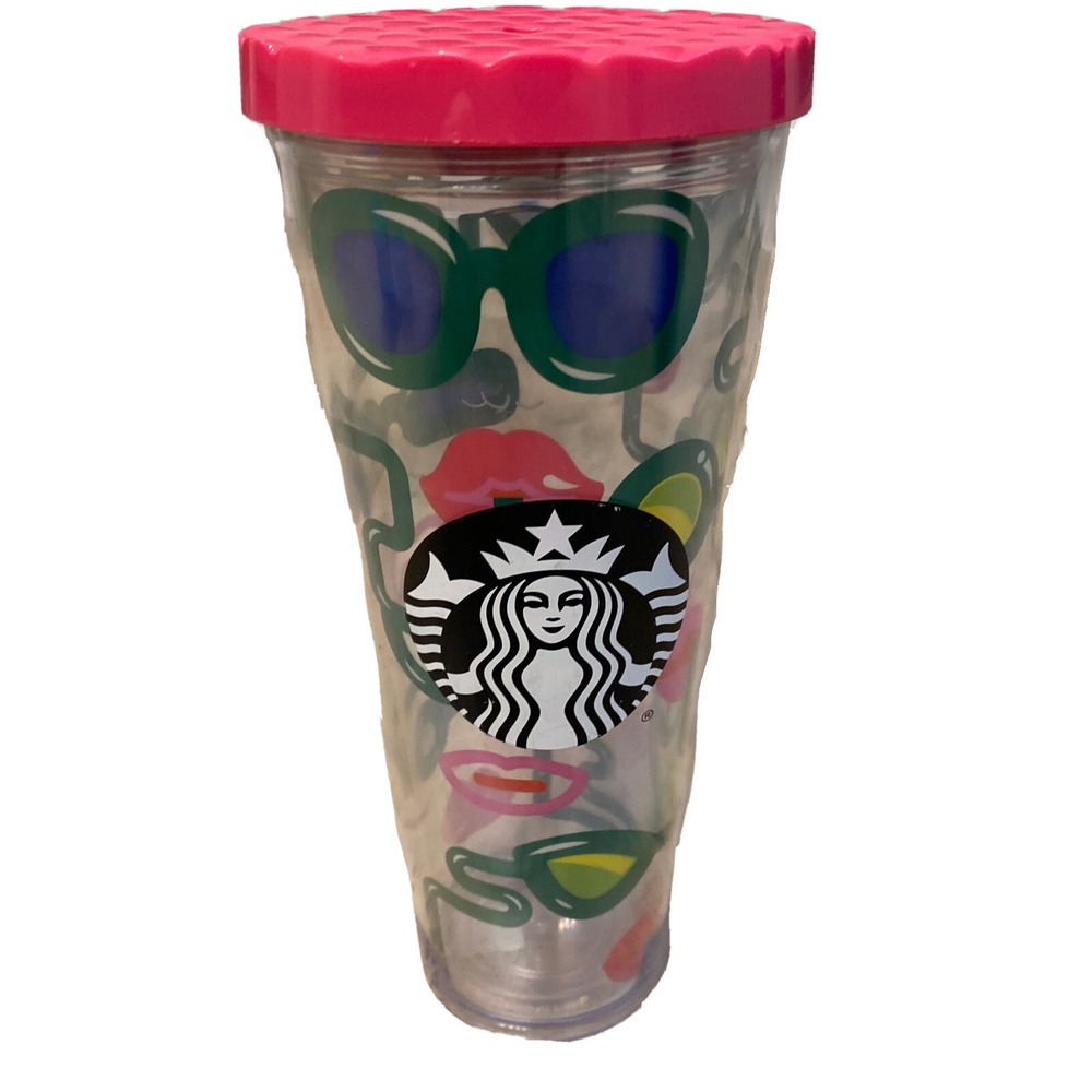 Starbucks 2014 Crazy Straw Lips Sunglasses Venti Cold Cup Tumbler 24oz Pink Lid
